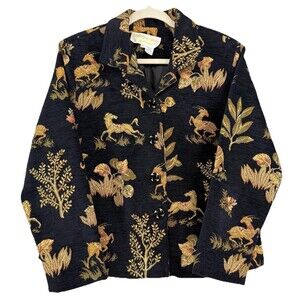 Women's Lilly Of California Hand Loomed Black Safari Button Up Blazer Coat Large